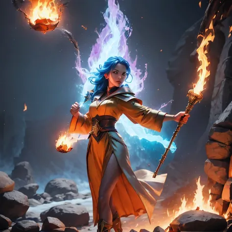 there is a girl with blue hair and a white dress holding a fire, ice sorceress, the sorceress casting a fireball, fantasy charac...