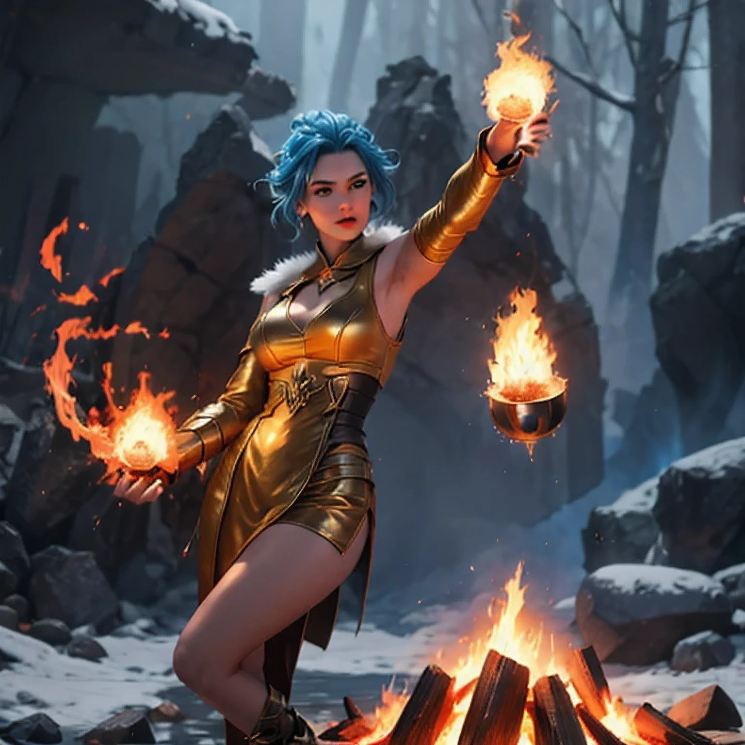 there is a girl with blue hair and a white dress holding a fire, ice sorceress, the sorceress casting a fireball, fantasy character photo, casting fire spell, (octane render) fantasy style, ice and fire, a sorceress casting a ice ball, realistic fantasy render, she has fire powers, ice mage, fantasy photoshoot , arafed(((Perfect college student))