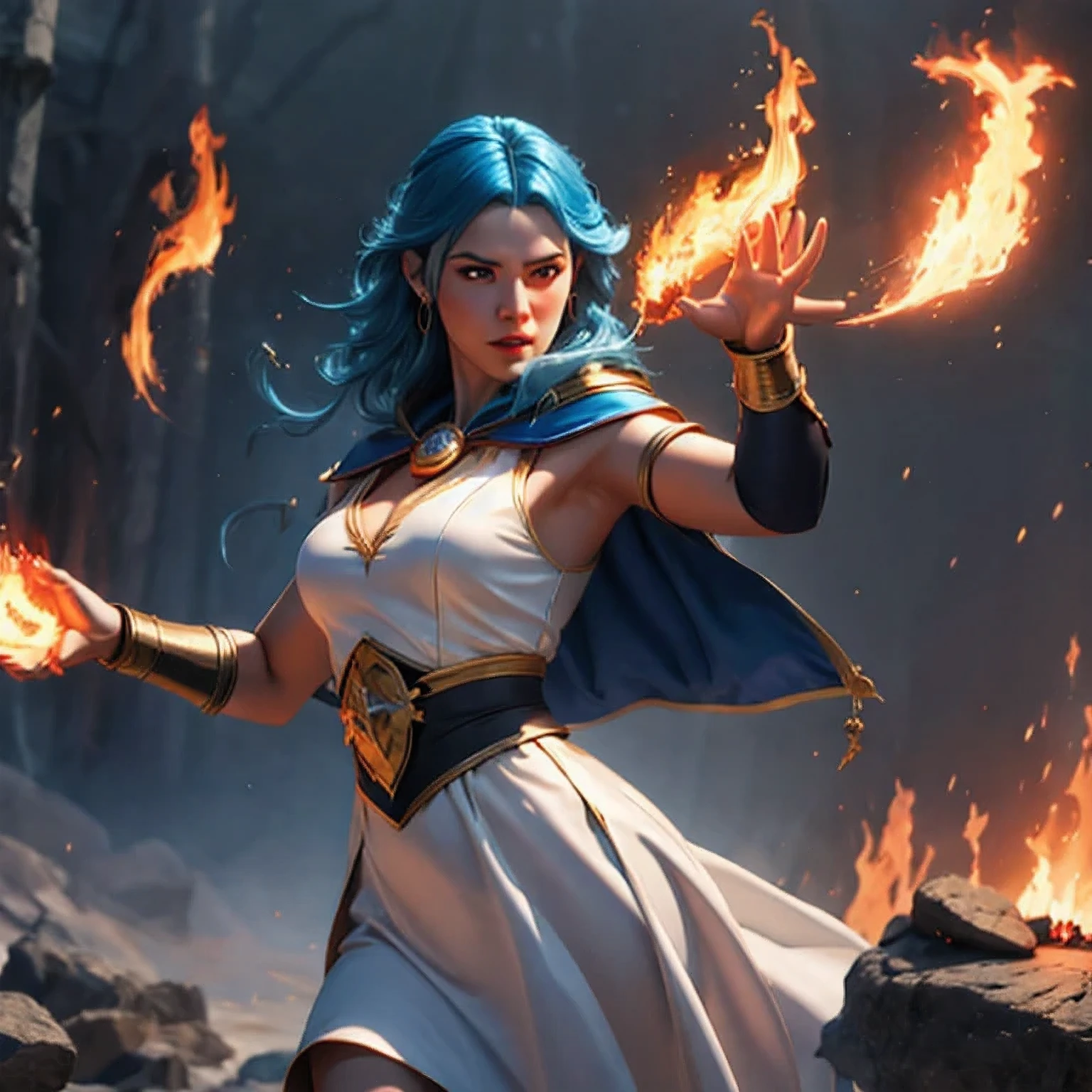 hay una chica con cabello azul y un vestido blanco sosteniendo un fuego, hechicera de hielo, la hechicera lanzando una bola de fuego, Foto de personaje de fantasía, lanzar hechizo de fuego, (renderizado de octanaje) estilo de fantasía, Hielo y Fuego, una hechicera lanzando una bola de hielo, renderizado de fantasía realista, ella tiene poderes de fuego, mago de hielo, sesión de fotos de fantasía , arafa(((Estudiante de universidad perfecta))