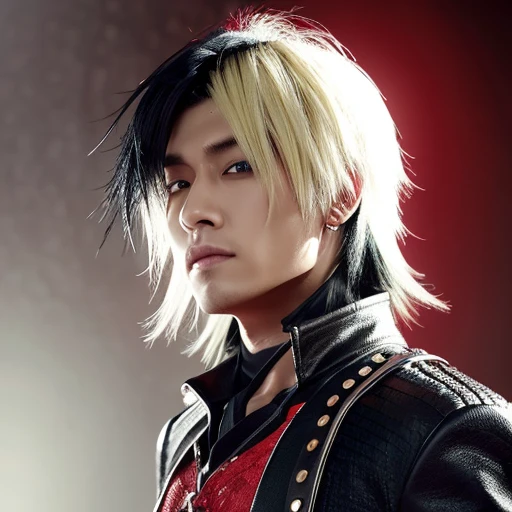 1 Japanese rocker, male, Asian eyes, muscular, broad shoulders, dragon, hairstyle in Visual Kei style, hair Visual Kei, outfit rocker,  ultra-detailed face and eyes, hyper-realistic, realistic representation, 30 years old, age 30 years, full body, black and blonde hair 