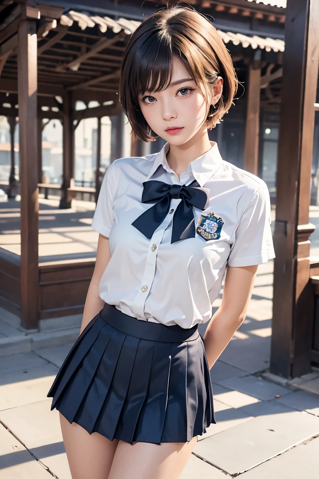 FANTASIA,REALISTA,DEUSA,MODELO,ROMANCE,FANTASTICO、((highest quality)), ((masterpiece)), ((Beauty))、（uniform）、Realistic photos with every detail、((school uniform))、short hair、Cute face、Realistic Skin、Realistic Face、(Pleated skirt)、Blur the background, jewelry, brooch,Put your hands behind your back、No makeup、risbeauty asia