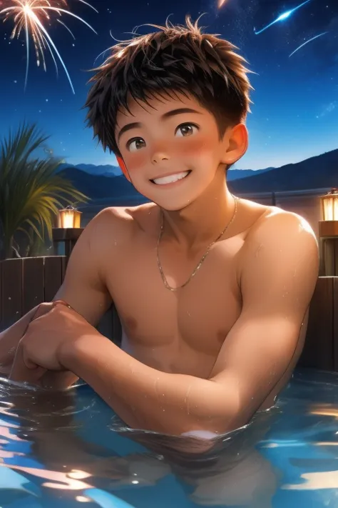 hot spring、２Boys、High school boys、Open-air bath、A starry sky、naked、smile、firework、19 years old、