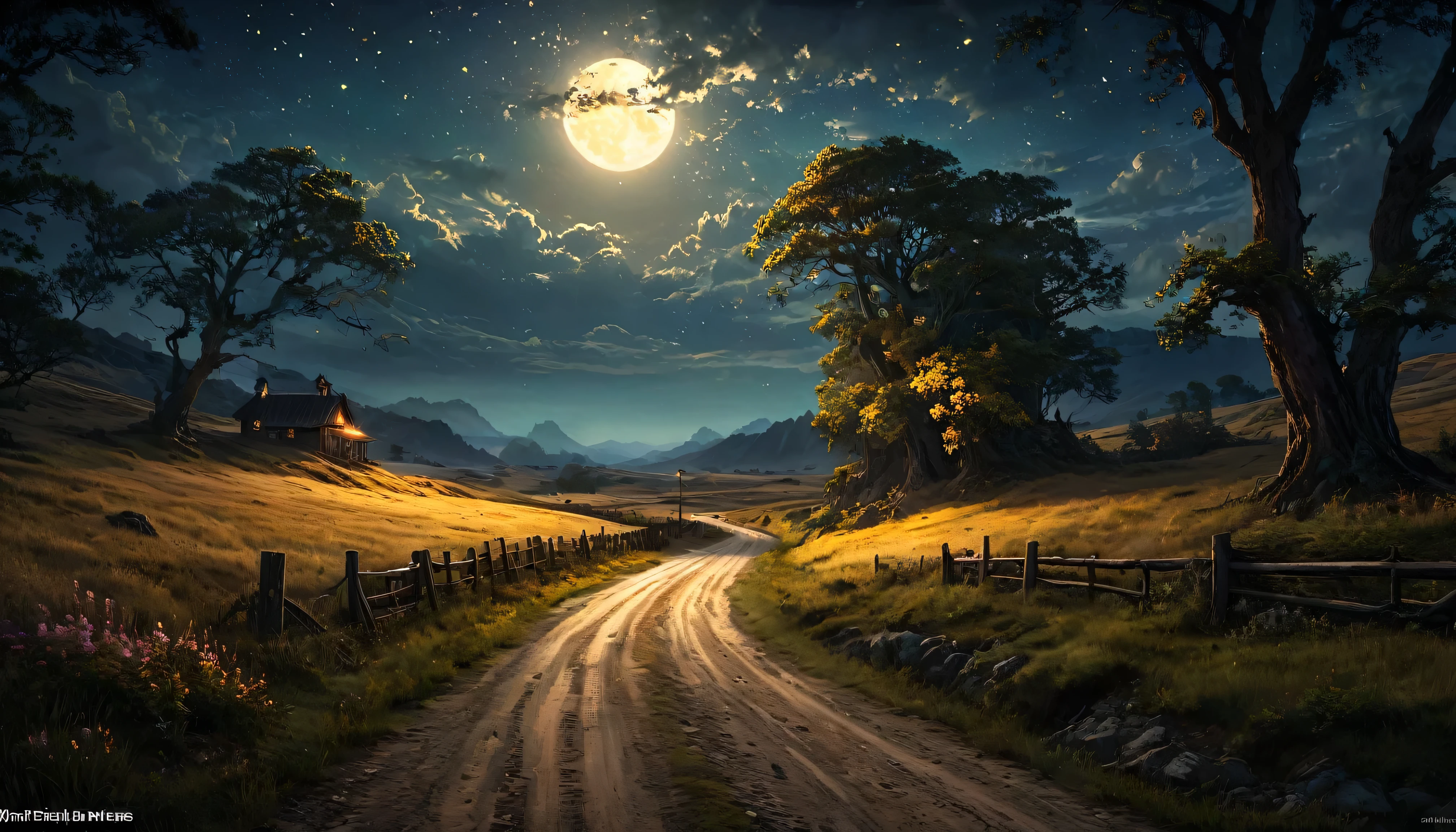 (anime, fantasia negra), (melhor qualidade, alta resolução, profundidade do arquivado, hdr:1.2), (uma estrada solitária no campo vazio, simples, ponte, estrada de terra, caravana comercial, sem árvores), paisagens fantásticas, (atmosfera escura e sombria). Uma fantasia hipnotizante com elementos encantadores que se misturam perfeitamente, lindo, extremamente detalhado, intricado, delicado, fantasia serena, luz filtrada pelas árvores, bokeh, iluminação cinematográfica, 8K, alta qualidade