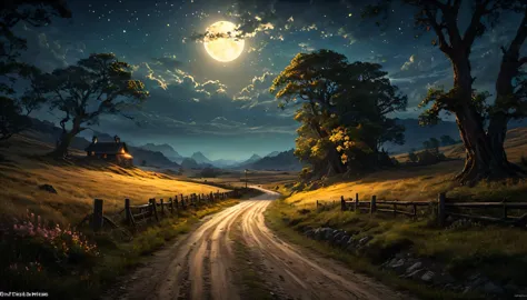 (anime, dark fantasy), (best quality, high resolution, depth of filed, HDR:1.2), (a lone road in the empty field, plain, bridge,...