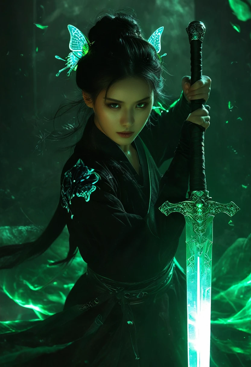 Escuro atmosphere，uniforme de empregada em estilo de ferro，Escuro background，female swordsman in the Escuro，espada de jade brilhante，sabre de luz，rosto invisível，Espada em ambas as mãos，noite，Escuro，temer，foco de espada，Borboletas brilhantes voando no ar，realista，textura da pele，Xianxia