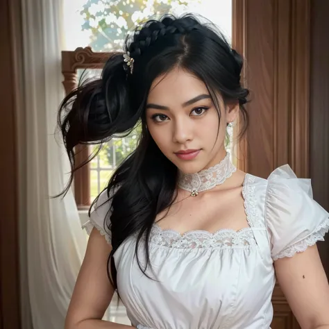 A maid in a beautiful Victorian-style maid outfit, long black hair, intricate lace details, elegant pose, detailed facial featur...