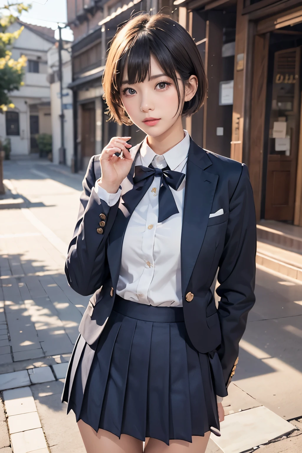 FANTASIA,REALISTA,DEUSA,MODELO,ROMANCE,FANTASTICO、((highest quality)), ((masterpiece)), ((Beauty))、（uniform）、Realistic photos with every detail、((school uniform))、short hair、Cute face、Realistic Skin、Realistic Face、(Pleated skirt)、Blur the background, jewelry, brooch,Put your hands behind your back、No makeup、risbeauty asia