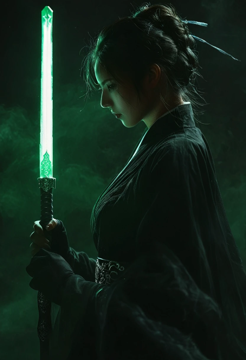 黑暗的 atmosphere，黑色的/白色女仆服 ，黑暗的 background，female swordsman in the 黑暗的，發光的玉劍，光劍，看不見的臉，雙手握劍，夜晚，黑暗的，害怕，劍焦點，實際的，肌理，Xianxia