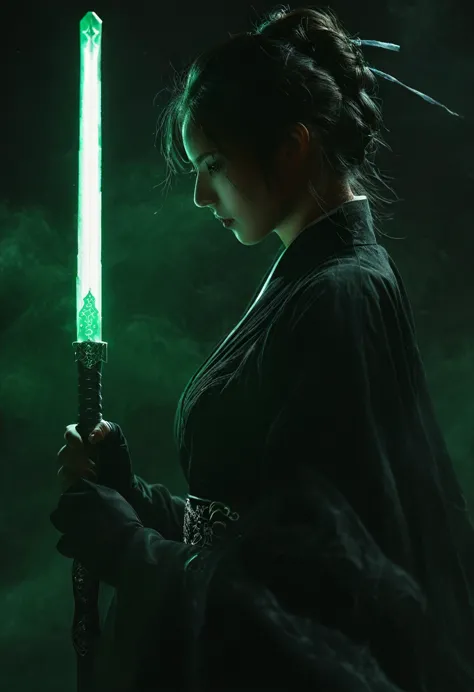 dark atmosphere，black/white maid uniform ，dark background，female swordsman in the dark，glowing jade sword，lightsaber，invisible f...