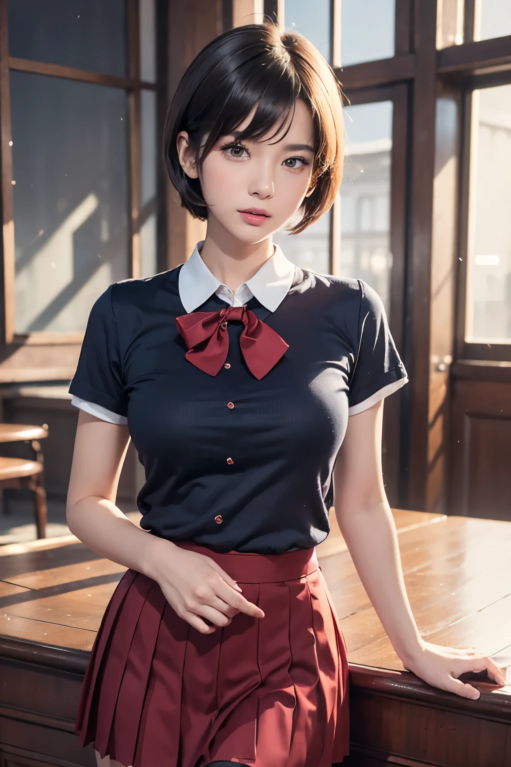 FANTASIA,REALISTA,DEUSA,MODELO,ROMANCE,FANTASTICO、((highest quality)), ((masterpiece)), ((Beauty))、（uniform）、Realistic photos with every detail、((school uniform))、short hair、Young face、Realistic Skin、Realistic Face、(Red pleated skirt)、Blur the background, jewelry,Put your hands behind your back、No makeup、risbeauty asia
