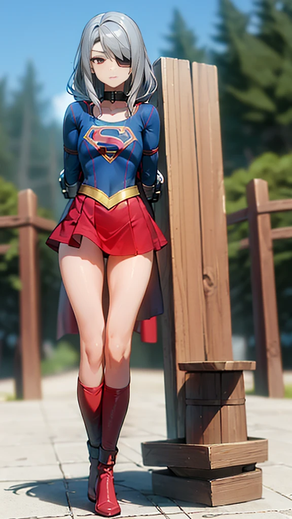 (whole body), (masterpiece:1.2), (Highest_quality:1.2), (Ultra_detailed:1.3), 8k,Low Angle，From below，Big ass girl, Mid-chest, barefoot，Red long boots，3D Rendering,( Supergirl)，Laura Bodewig, Long Hair, (Red eyes:1.3), Grey Hair, Eye patch,Red Skirt，The skirt is short,，A blue leotard is visible under the skirt.，The skirt is blown away by the wind，Red Cape，gloves，Simple Background，White Background，(STANDING BY WOODEN POLE)，Iron Collar, Put your arms behind your back, Iron Cuffs, bondage, bound,