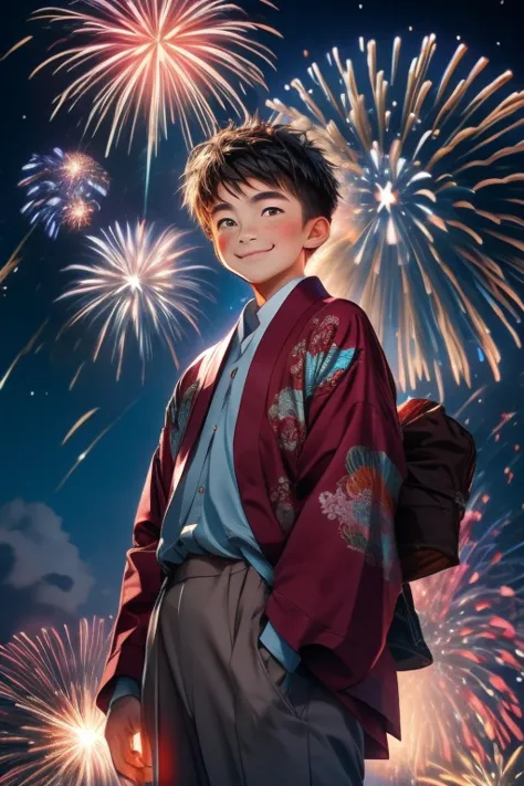 firework、man、Japanese clothing、18-year-old、smile、whole body、