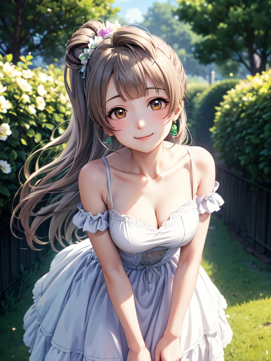 High resolution, highest quality, super high quality,3D Images,garden、flower bed、One girl, (Anime illustration style:1.5）, Kotori Minami 、smile、Closed Mouth,clavicle,White Party Dresses,Absolute reference to center、Cowboy Shot、Highly detailed face, Perfect lighting, Highly detailed CG、Standing、Leaning forward
