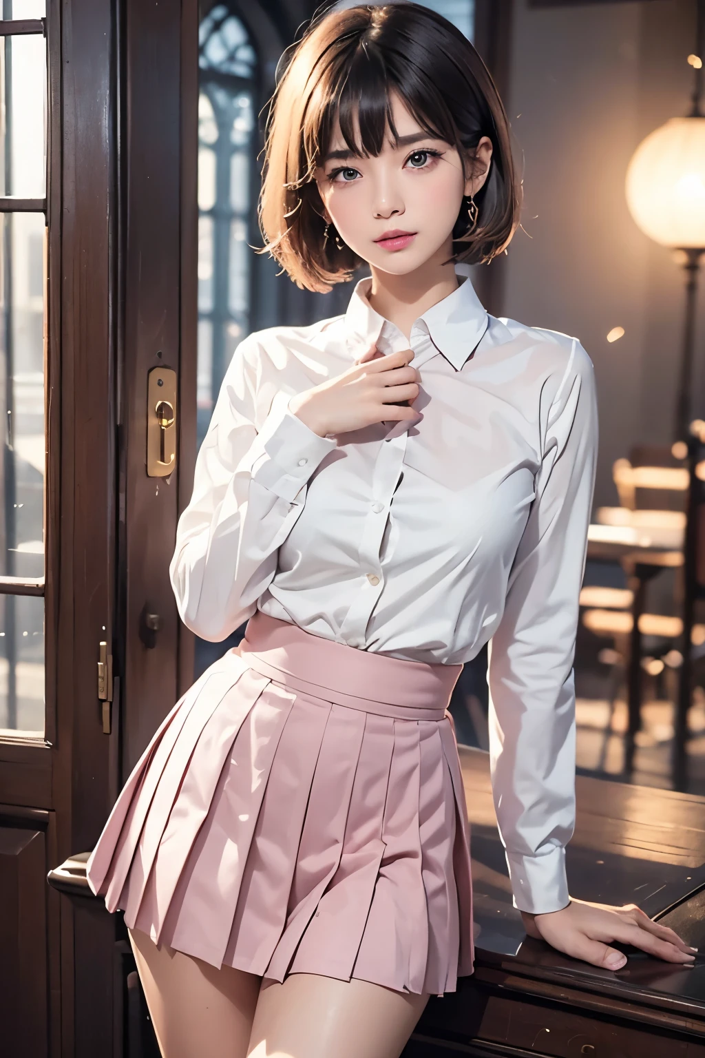 FANTASIA,REALISTA,DEUSA,MODELO,ROMANCE,FANTASTICO、((highest quality)), ((masterpiece)), ((Beauty))、（uniform）、Realistic photos with every detail、((White school uniform))、short hair、Young face、Realistic Skin、Realistic Face、(Pink pleated skirt)、Blur the background, jewelry,Put your hands behind your back、No makeup、risbeauty asia