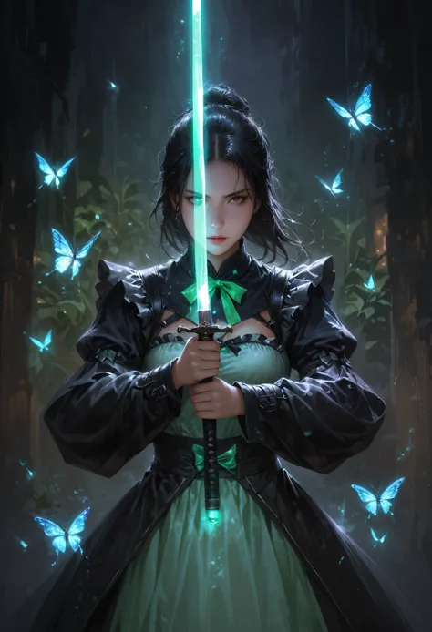 dark atmosphere，maid uniform in style of iron，dark background，female swordsman in the dark，glowing jade sword，lightsaber，invisib...