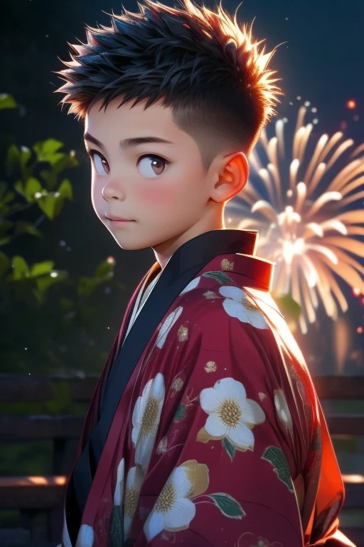 Feuerwerk, Junge, gehen, 18 Jahre alt, einen japanischen Kimono tragen, kurzes, stacheliges Haar, Bürstenschnitt, Niedlich, jung, asiatisch, 
