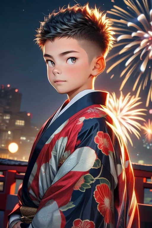 fogo de artifício, garoto, 18 anos de idade, vestindo um quimono japonês, cabelo curto e espetado, cabelo cortado à escovinha, bonitinho, Jovem, asiático, 