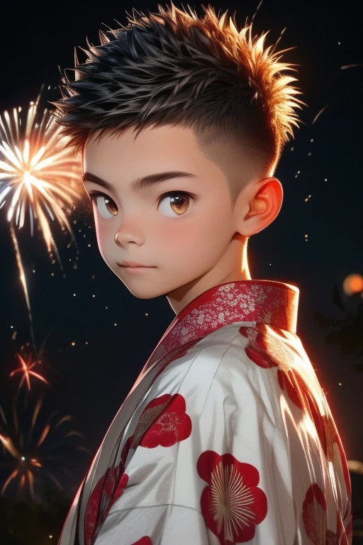 Feuerwerk, Junge, 18 Jahre alt, einen japanischen Kimono tragen, kurzes, stacheliges Haar, Bürstenschnitt, Niedlich, jung, asiatisch, 