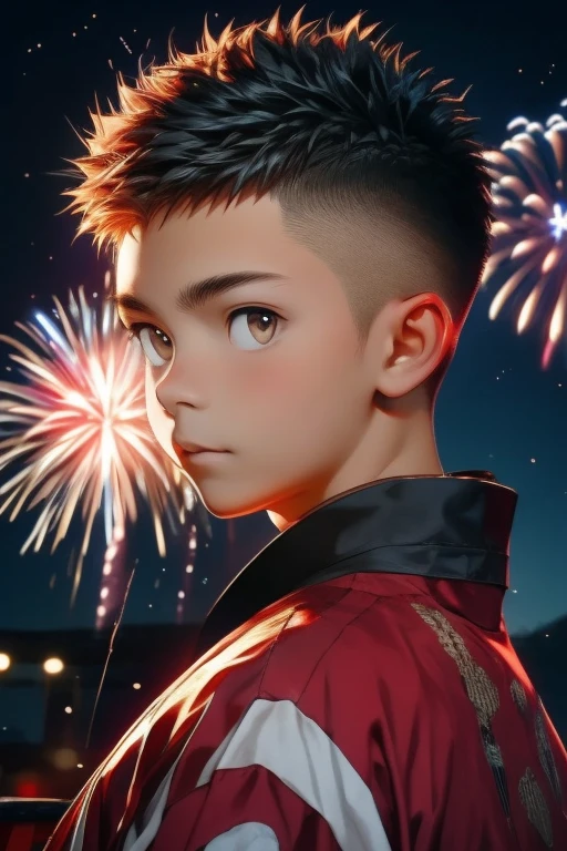 fogo de artifício, garoto, 18 anos de idade, Vestindo um estilo tradicional japonês, cabelo curto e espetado, cabelo cortado à escovinha, bonitinho, Jovem, asiático, 