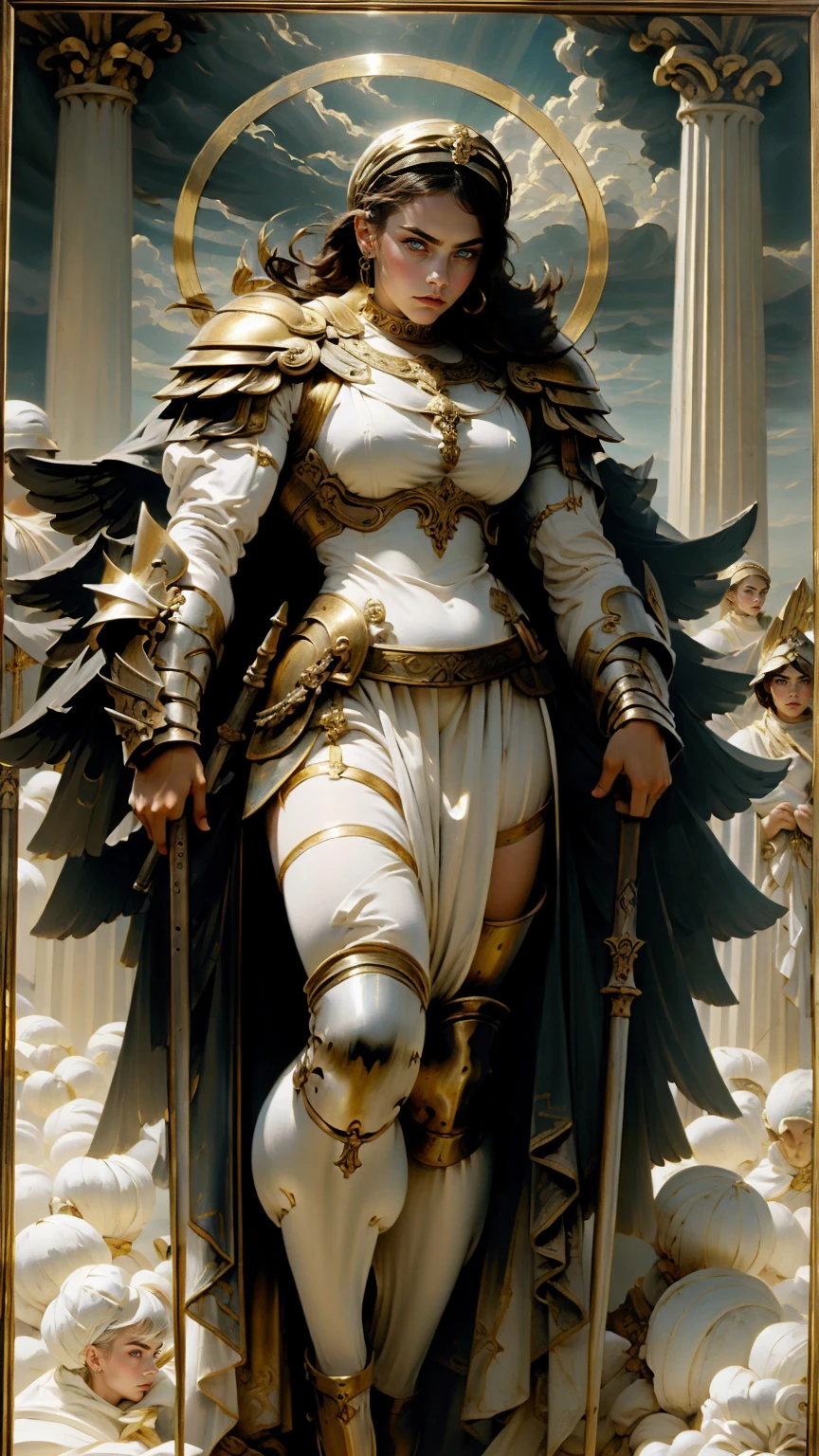 A painting of a muscular goddess athena in the style of greek orthodox paintings, holding a spear and shield dressed in ancient greek style armor, full body view, looking at the viewer, by alphonse mucha 