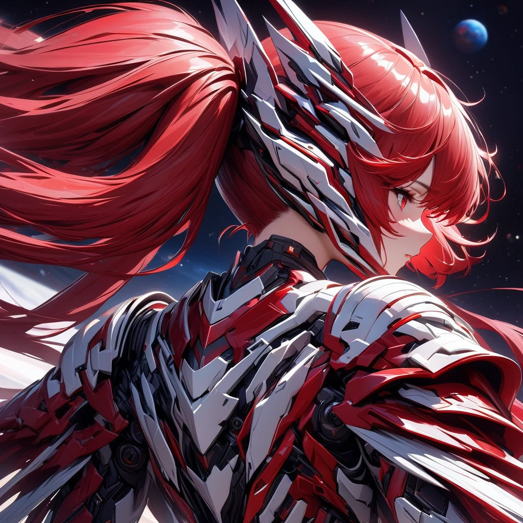 a high quality, high definition, highly detailed 1girl robot girl, with red hair in twin tails, red eyes, wearing red and white clothing holding a flashy robot armor, in a space background with a large number of red roses floating in space, galaxy, star lights, a figure flying at high speed in space, a large amount of red and white flowing effect from the back, (best quality,4k,8k,highres,masterpiece:1.2),ultra-detailed,HDR,UHD,studio lighting,ultra-fine painting,sharp focus,physically-based rendering,extreme detail description,professional,vivid colors,bokeh,portraits,sci-fi