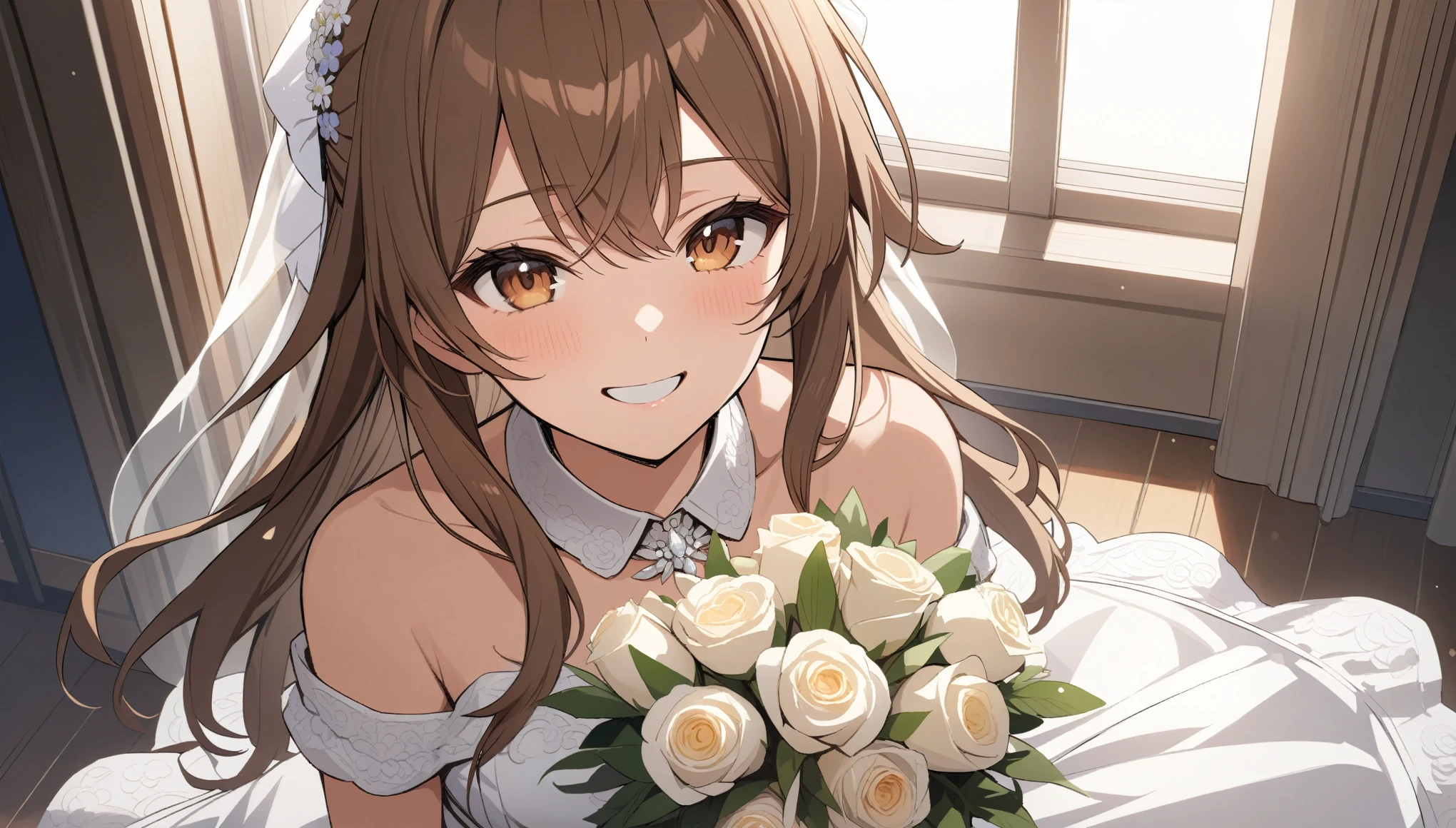 masterpiece, highest quality, anime, ((Very detailed)), 1 Girl, alone ,Brown Hair,Long Hair,Loose roll, ((high school girl)),(Wedding dress),Holding a bouquet,A big smile