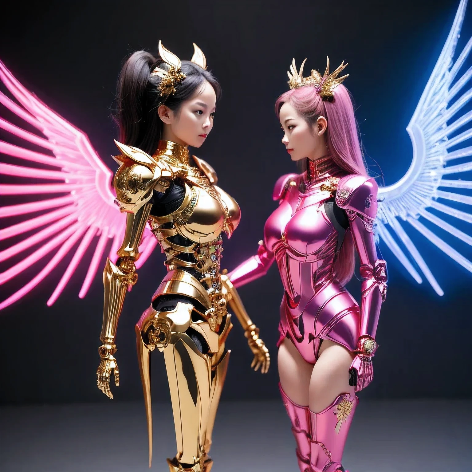 araffe skeleton in a lightpink and gold costume with wings, saint skeleton queen, lightpink demon armor, lady in lightpink armor, wearing a skeleton armor, holy cyborg necromancer girl, hone onna skeleton geisha, ( highly detailed figure ), goddess of death, masami kurumada, the other a skeletal figure, skeletal, scary queen of death，((（one female）))