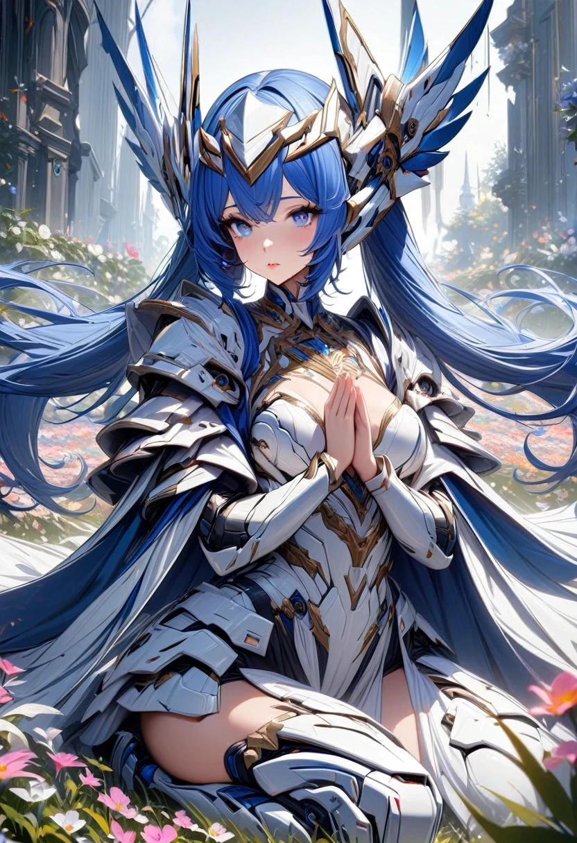 1 girl, beautiful detailed eyes, beautiful detailed lips, extremely detailed face, long eyelashes, blue hair, twin tails, blue eyes, blue and white clothing, robot armor, luxurious headgear, kneeling in a field of flowers, praying, (best quality, 4k, 8k, highres, masterpiece:1.2), ultra-detailed, 