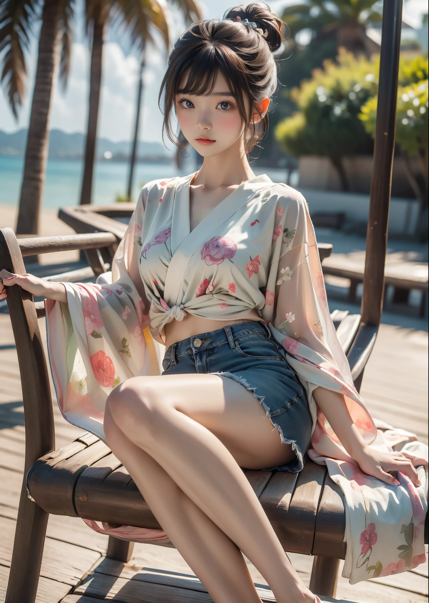 (masterpiece, highest quality, highest quality, Official Art, beautifully、aesthetic:1.2)、 (1 beautiful Japanese girl)、In a palm tree hammock、（Pink and green floral shirt）、Denim shorts、Big brown eyes、Beautiful skin、Beautiful legs、（Updo with bangs）、Very detailed,　On the Beach、Cinematic lighting、Sharp focus、High resolution、High resolution、High color rendering、High resolution、Super realistic、