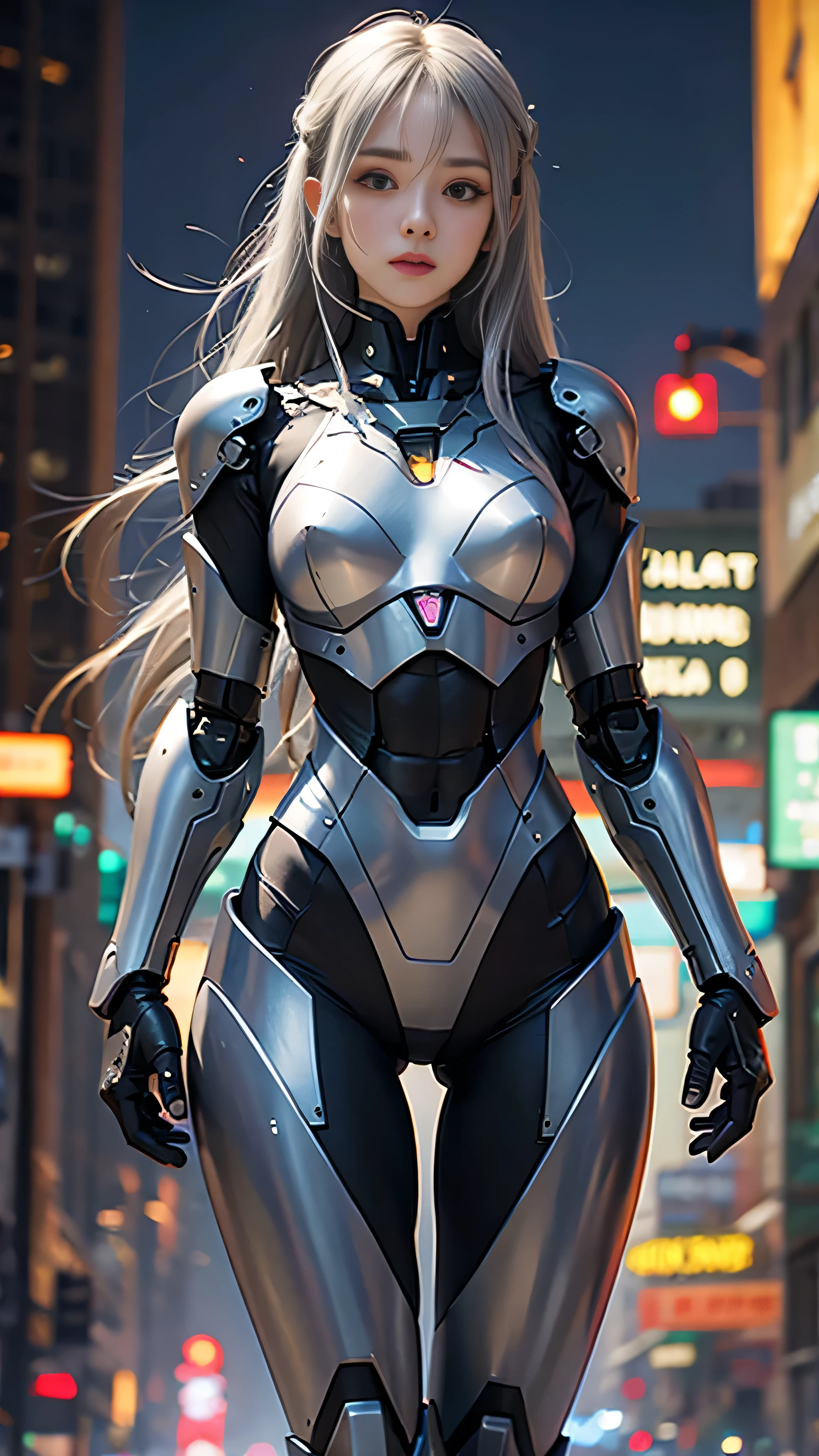 ((robot girl, mecha)), glowing eyes, delicate face, broken armor, mechanical aura, mechanical arm, gray hair, long hair, ceramic body, thigh gap, small breast, cyber background, very fine city, (translucent, reflective skin), 8k, best quality, ultra-detailed, (surrealism: 1.4),  