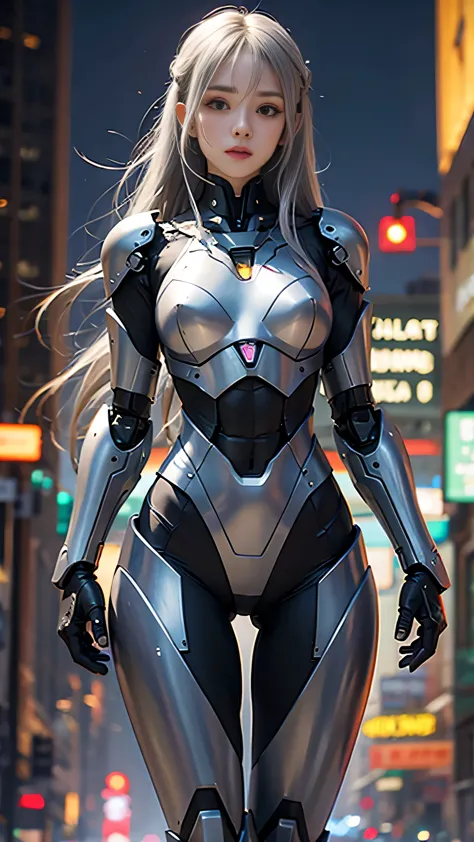 ((robot girl, mecha)), glowing eyes, delicate face, broken armor, mechanical aura, mechanical arm, gray hair, long hair, ceramic...