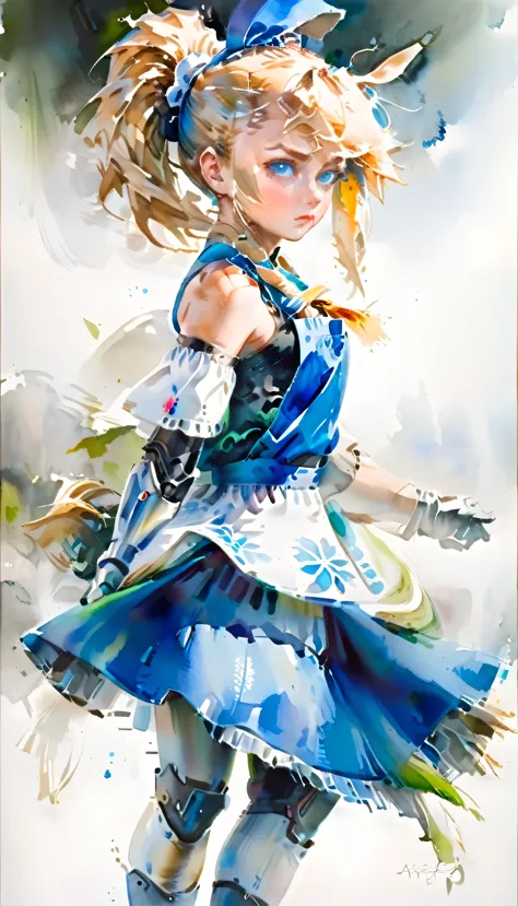 arafed, a watercolor picture of a mecha girl wearing a maid's outfit, traditional watercolor painting, blond hair, pony tail hai...