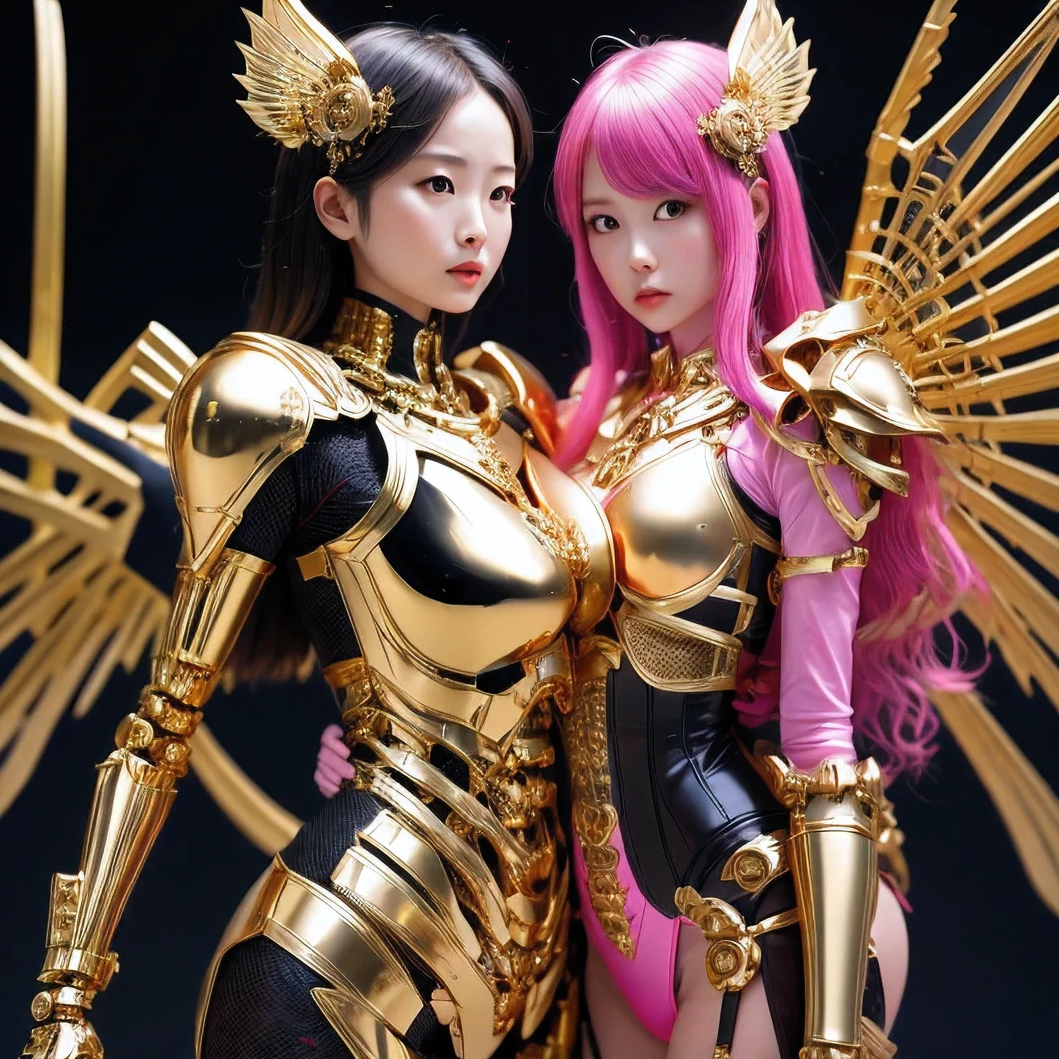 araffe skeleton in a lightpink and gold costume with wings, saint skeleton queen, lightpink demon armor, lady in lightpink armor, wearing a skeleton armor, holy cyborg necromancer girl, hone onna skeleton geisha, ( highly detailed figure ), goddess of death, masami kurumada, the other a skeletal figure, skeletal, scary queen of death，((（one female）))