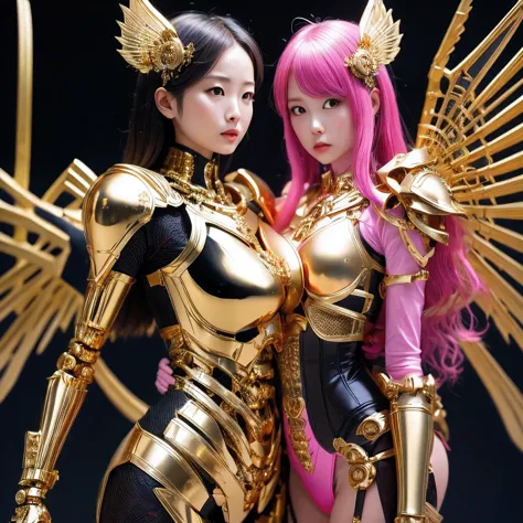 araffe skeleton in a lightpink and gold costume with wings, saint skeleton queen, lightpink demon armor, lady in lightpink armor...