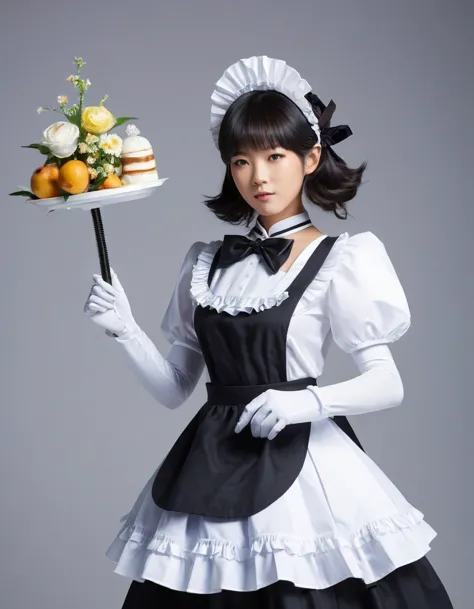  a Gundam robot dressed in a maid outfit, blending the futuristic and mechanical aesthetic of the Gundam with the traditional an...