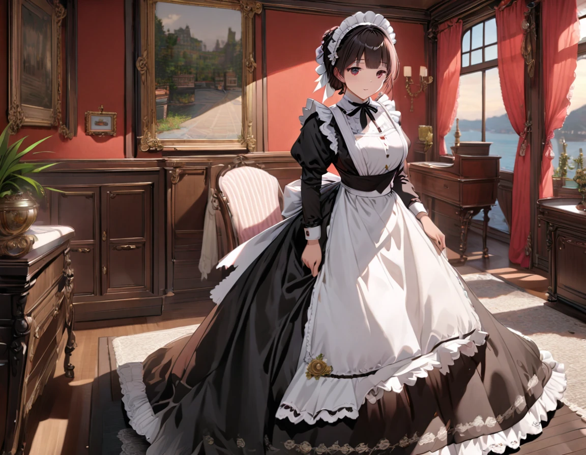 2females\(victorian maid,black long dress,full body\), BREAK ,background\(inside,victorian style room,glorious\), BREAK ,quality\(8k,wallpaper of extremely detailed CG unit, ​masterpiece,hight resolution,top-quality,top-quality real texture skin,hyper realisitic,increase the resolution,RAW photos,best qualtiy,highly detailed,the wallpaper,cinematic lighting,ray trace,golden ratio\),(landscape)