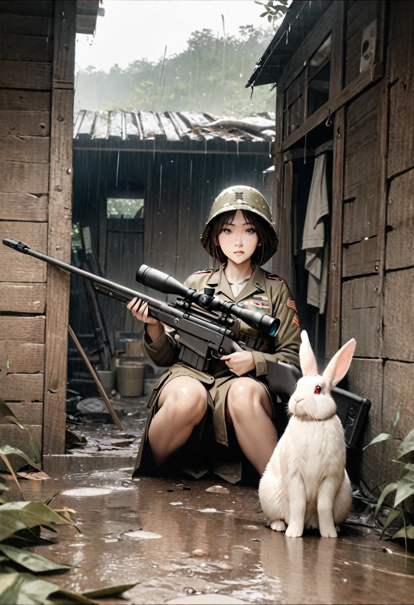 ein sehr detailliertes Porträt einer amerikanischen Scharfschützin in einer verlassenen Hütte, die Schutz vor dem Regen sucht, ein Scharfschützengewehr halten, 1 Kaninchen sitzt und schaut aus der Kaninchenperspektive in die Kamera, (beste Qualität,8k,hyperrealistisch,Meisterwerk:1.2),ultra-detailliert,