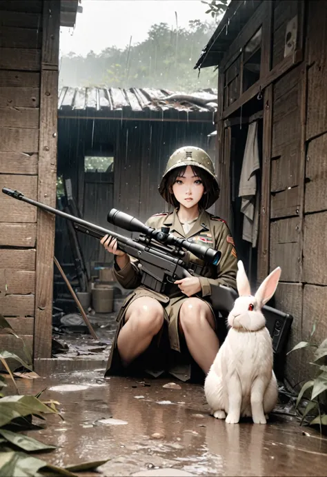 a highly detailed portrait of a female american army sniper in an abandoned hut taking shelter from the rain, holding a sniper r...