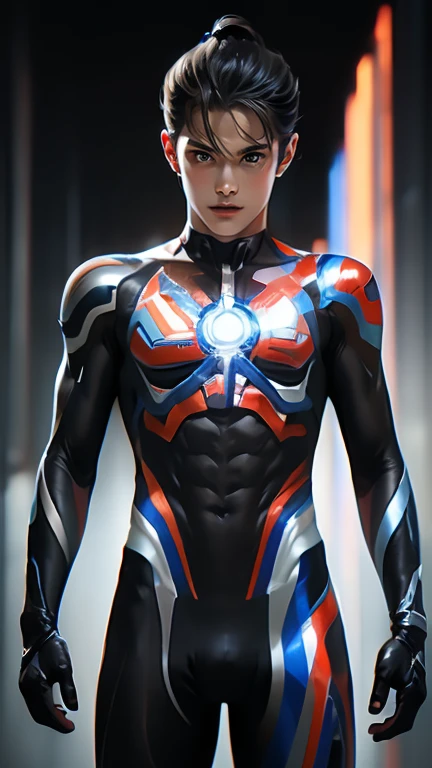 Ultraman, realistic, realistic, movie lights, young man in shiny red and silver suit, 15 years old, professional photo, skin exposed, Japanese model, Japanese CGI, sexy Ultraman suit, Power Rangers set, tight thin cyber suit, with elastic all over, delicate body, small butt, muscle, abs, lewd mark, groin tattoo, thin waist, exposed belly cyber suit on both sides skin tight, slanted eyes, sharp gaze, ponytail hair, facing forward, standing facing forward, glowing sphere embedded in chest, essay exam, blue sky background, Young beautiful boy, young handsome boy, Ultraman Boy personification, Ultraman-colored latex, Ultraman-colored rubber bodysuit, Ultraman color suit, Ultraman body suit, muscles, abs, mask off Ultraman Boy, Ultraman Boy without mask, Ultraman Boy suit, Ultraman Boy cosplay, Ultraman Boy costume, 15 year old boy's body, Ultraman Boy with face exposed, Ultraman without mask Boy, Ultraman without mask, medium-length hair, ponytail hair, color timer on chest, energy drain on chest, Ultraman Boy, boy's face, young boy with long hair, Ultraman Boy cosplayer, exposed face, 13 to 15 years old Boy, young boy's face, high definition, highest quality, best masterpiece, highest clarity, highest resolution, 8K, 16K, 32K, CG art, highest detail, Full body shot, full body view, Belly-baring Ultraman-colored bodysuit, belly-baring Ultraman-colored bodysuit, revealing bodysuit, lewd mark, crotch tattoo, abdominal muscle openwork bodysuit, abdominal muscle visible bodysuit,