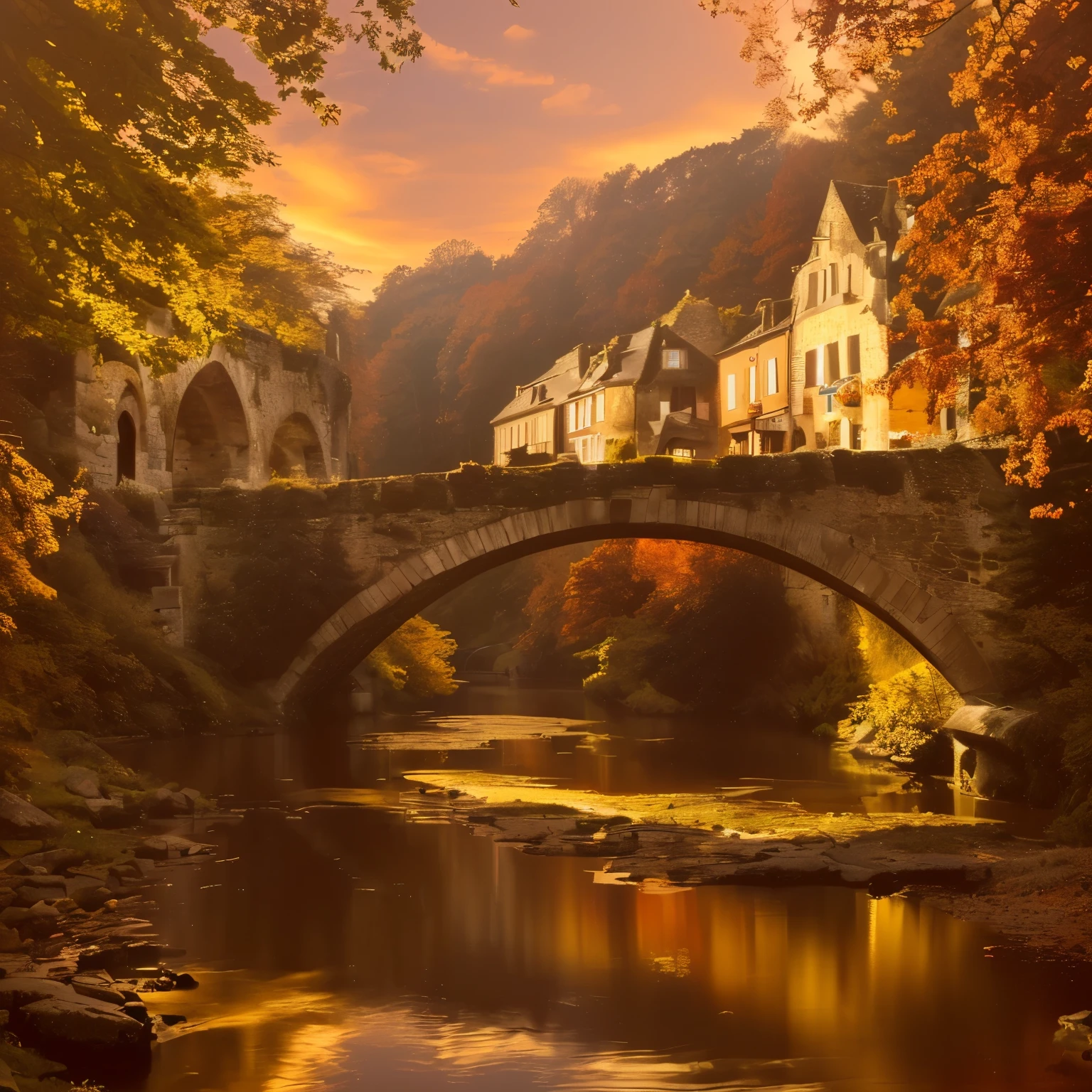 There is a bridge over the river，The background is a building, author：Daniel Seghers, author Etienne Delessert, fairytale place, by Sebastian Spren, Real photos of the town, quaint village, William Didier-Puget, author：Raphael Colin, author：Tobias Steamer, author：Thomas Bock, author：Johannes Voss