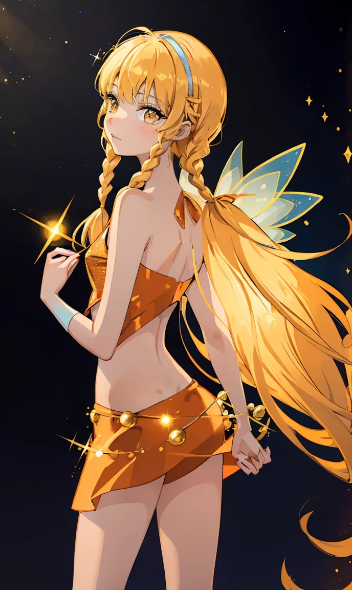 (Stella), (blonde hair, yellow eyes, Bangs), (Fairy outfit), (Double tail, long low braids, Fairy wings, orange suit, sparkling clothes, sparkling clothes), one shoulder, crop top, miniskirt, (Orange and Gradient Background), (sun and moon background), (sparkling), (actual:1.2), (masterpiece:1.2), (full-body shot:1),(cowboy shooting:1.2), neon lights, dark romantic lighting, (Very detailed:1.2),(Detailed face:1.2), (Gradient), rich and colorful, delicate eyes, (natural lighting:1.2), (shy cute pose:1.2), (alone, one person, 1 girl:1.5),back view，from behind