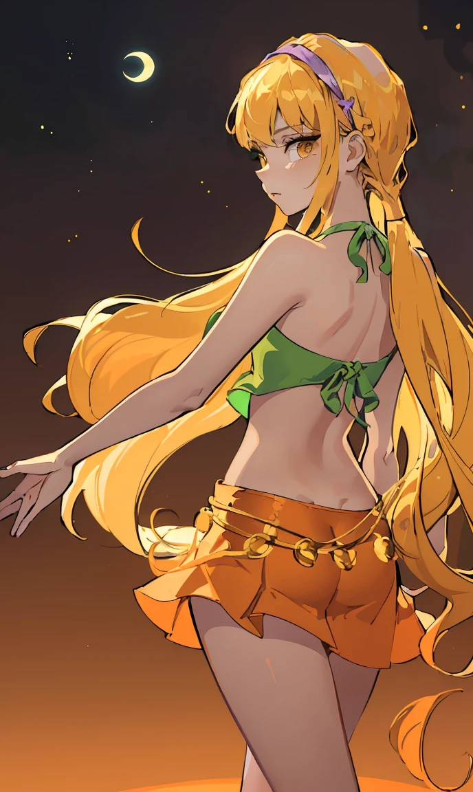 (Stella), (blonde hair, yellow eyes, Bangs), (CasualOutfit), (hair down, long hair, purple headband, green top, orange skirt, sandals), (backless), (bare back), crop top, miniskirt, (Orange and Gradient Background), (sun and moon background), (sparkling), (actual:1.2), (masterpiece:1.2), (full-body shot:1),(cowboy shooting:1.2), neon lights, dark romantic lighting, (Very detailed:1.2),(Detailed face:1.2), (Gradient), rich and colorful, delicate eyes, (natural lighting:1.2), (shy cute pose:1.2), (alone, one person, 1 girl:1.5),back view，from behind