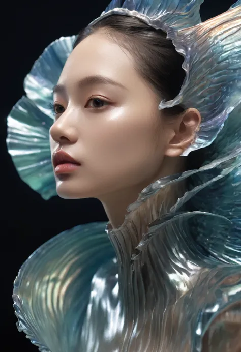 Aisian beautiful girl from underwater, in weird maid outfit，iris van Herpen, sleek, fins, gills, darkness, iridescent, full leng...