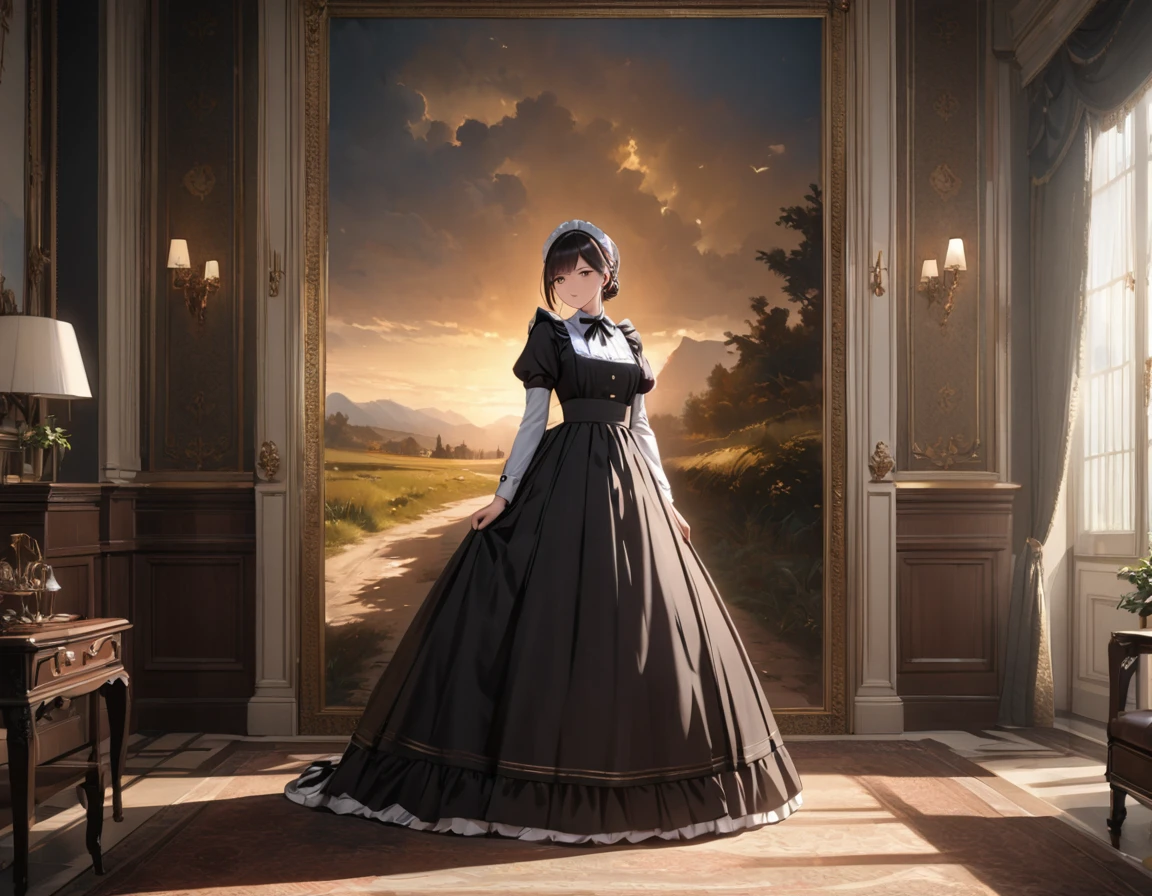 female\(victorian maid,black long dress,full body,(long shot),wide shot\), BREAK ,background\(inside,victorian style room,glorious\), BREAK ,quality\(8k,wallpaper of extremely detailed CG unit, ​masterpiece,hight resolution,top-quality,top-quality real texture skin,hyper realisitic,increase the resolution,RAW photos,best qualtiy,highly detailed,the wallpaper,cinematic lighting,ray trace,golden ratio\),landscape