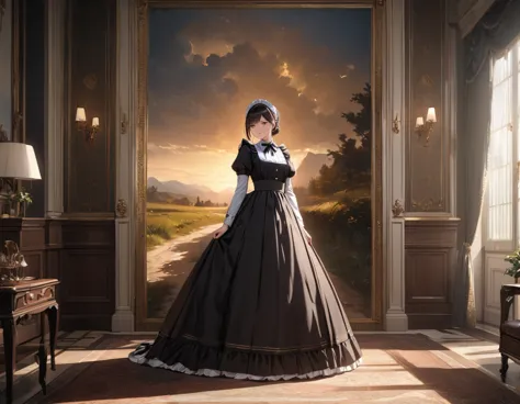 female\(victorian maid,black long dress,full body,(long shot),wide shot\), BREAK ,background\(inside,victorian style room,glorio...