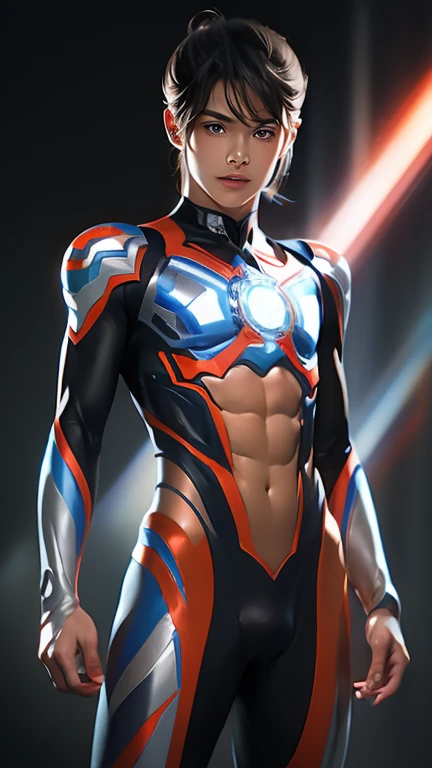 ultraman, Realista, Realista, luces de película, Un joven con traje rojo y plateado brillante., 15 años, foto profesional, piel expuesta, modelo japonés, cgi japonés, sexy ultraman suit, Conjunto de Power Rangers, Traje cibernético delgado y ajustado, con elástico por todas partes, cuerpo delicado, trasero pequeño, músculo, abdominales, marca lasciva, Tatuaje en la ingle, cintura delgada, Traje cibernético con vientre expuesto en ambos lados ajustado a la piel., ojos rasgados, mirada aguda, pelo de cola de caballo, mirando hacia adelante, standing mirando hacia adelante, esfera brillante incrustada en el pecho, Examen de ensayo, fondo de cielo azul, joven hermoso, chico joven y guapo, ultraman Boy personification, ultraman-colored latex, ultraman-colored rubber bodysuit, ultraman color suit, ultraman body suit, músculos, abdominales, mask off ultraman Boy, ultraman Boy without mask, ultraman Boy suit, ultraman Boy cosplay, ultraman Boy costume,  Cuerpo de niño, ultraman Boy with face exposed, ultraman without mask Boy, ultraman without mask, pelo medio largo, pelo de cola de caballo, color timer on chest, drenaje de energía en el pecho, ultraman Boy, cara de niño, niño con pelo largo, ultraman Boy cosplayer, cara expuesta, 13 para niño, young cara de niño, alta definición, de la máxima calidad, mejor obra maestra, máxima claridad, resolución más alta, 8K, 16k, 32k, arte generado por computadora, detalle más alto, tiro de cuerpo completo, vista de cuerpo completo, Belly-baring ultraman-colored bodysuit, belly-baring ultraman-colored bodysuit, traje revelador, marca lasciva, tatuaje en la entrepierna, abdominal músculo openwork bodysuit, abdominal músculo visible bodysuit,