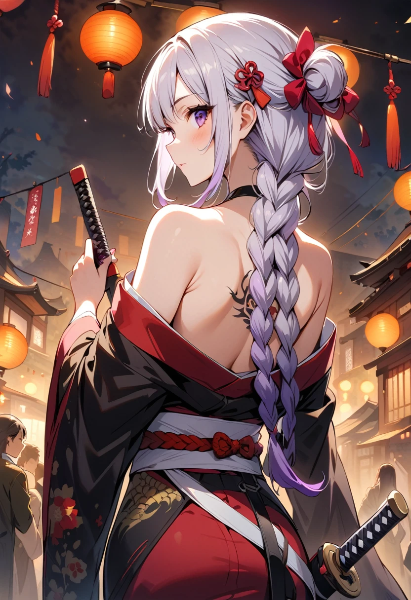 masterpiece, Top quality, best quality, Official Art, beautiful and aesthetic:1.2),1 Girl, yinji, purple hair, purple eyes, long hair, white hair, double braids, gradient hair, Tattoo, Solitary, Japanese clothes, Red and black kimono, Hair accessories, unsheathing, sheath, back Tattoo, dragon Tattoo, Off-shoulder, Bare shoulders, look back, From the back, flower, looking at the audience, Keep, cosmetic, outdoor,