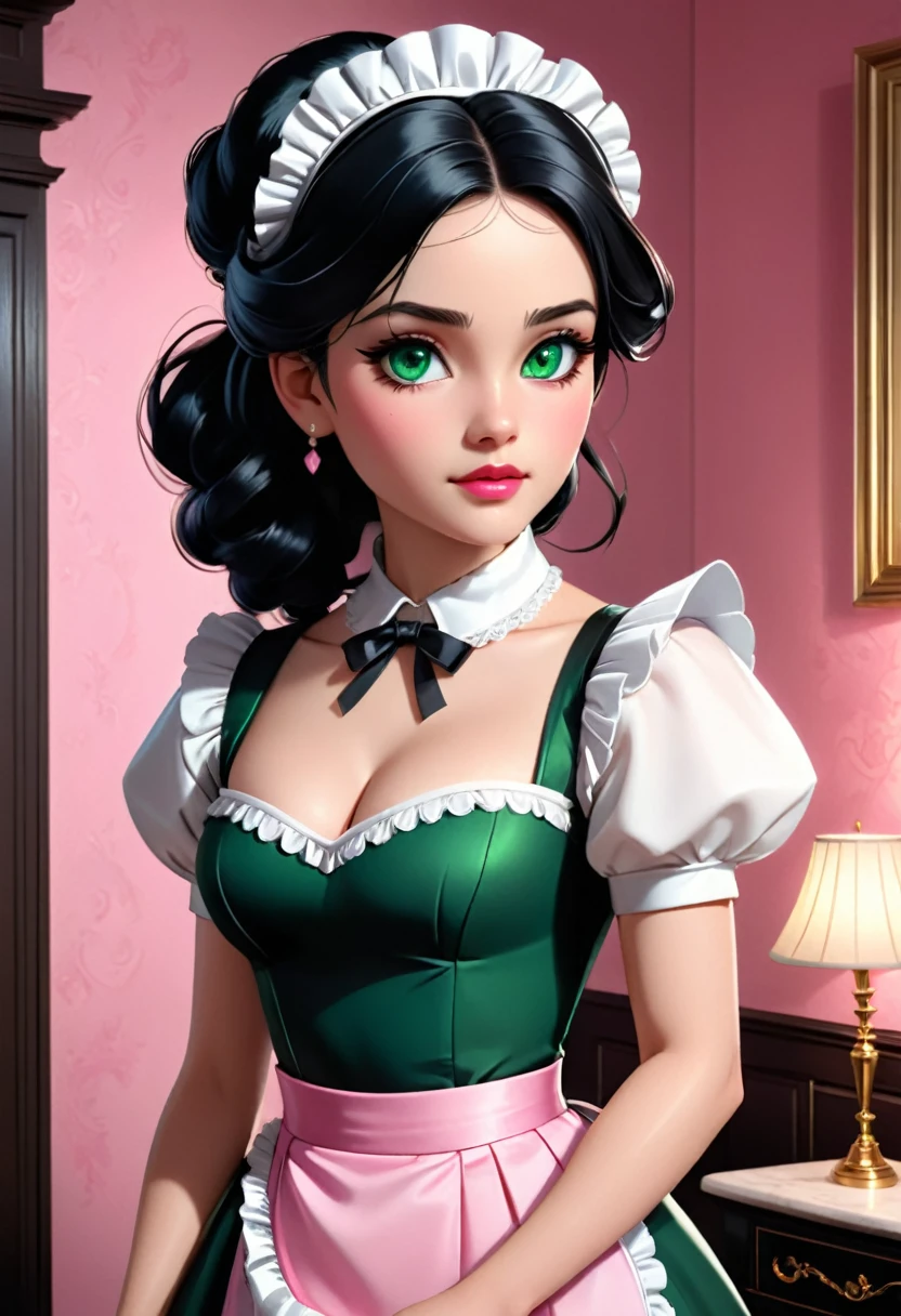 a beautiful maid in a classic french maid outfit, high quality, highly detailed, intricate details, realistic, cinematic lighting, porcelain skin, long black hair, big green eyes, small pink lips, elegant and refined, standing in a luxurious room interior, warm colors, chiaroscuro lighting, photorealistic, 8k, masterpiece