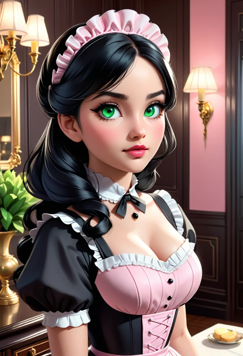 a beautiful maid in a classic french maid outfit, high quality, highly detailed, intricate details, realistic, cinematic lighting, porcelain skin, long black hair, big green eyes, small pink lips, elegant and refined, standing in a luxurious room interior, warm colors, chiaroscuro lighting, photorealistic, 8k, masterpiece
