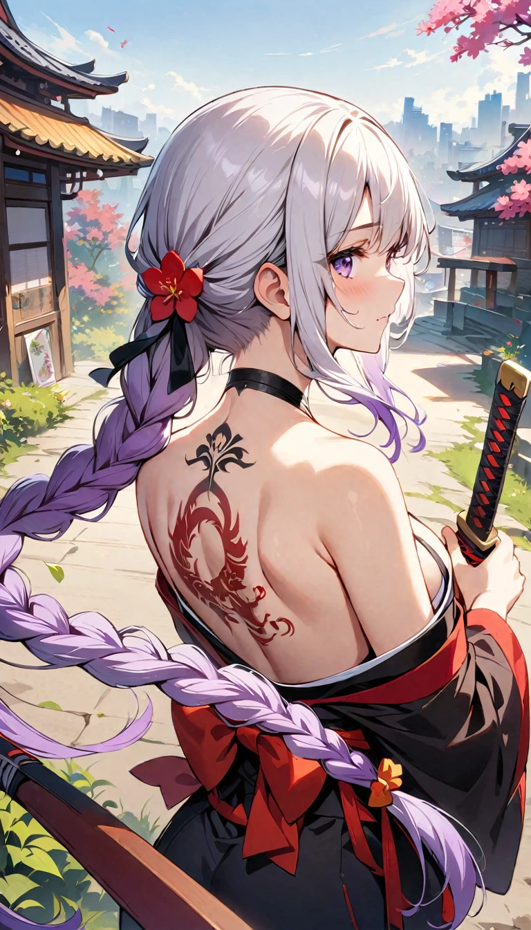 masterpiece, Top quality, best quality, Official Art, beautiful and aesthetic:1.2),1 Girl, yinji, purple hair, purple eyes, long hair, white hair, double braids, gradient hair, Tattoo, Solitary, Japanese clothes, Red and black kimono, Hair accessories, unsheathing, sheath, back Tattoo, dragon Tattoo, Off-shoulder, Bare shoulders, look back, From the back, flower, looking at the audience, Keep, cosmetic, outdoor,